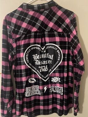 Beautiful Disaster Women’s Pink and Black Plaid Button-Down Flannel